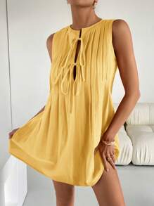 Siren Gaze Vestido corto casual sin mangas de mujer con pliegues y amarres delanteros en unicolor