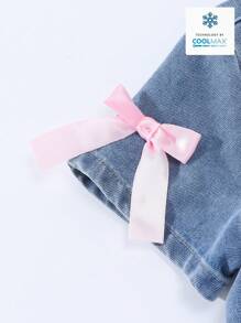 SHEIN Vintaside Kids Vestido vaquero azul claro de manga corta y cuello decorado con lazo, suelto y cómodo, para niñas