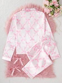 SHEIN Valentine's Day Girl & Teen Girl Pink Cute Bow Print Lapel Cardigan With Casual Pants Two Pieces Comfy Pajamas Set - Pink - View 2