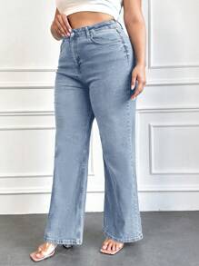 EURMUSE Plus Size Casual Washed High-Waisted Straight-Leg Jeans - Baby Blue - View 4