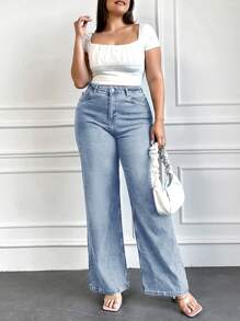 EURMUSE Plus Size Casual Washed High-Waisted Straight-Leg Jeans - Baby Blue - View 3