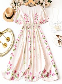 SHEIN LUNE Vestito floreale a maniche corte a ruota per donne curvy, vita regolabile