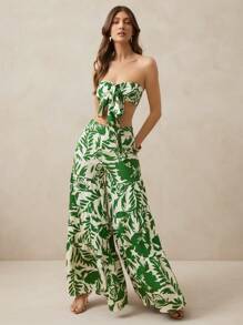 L'Amorae 女款绿色热带印花两件套，前系带抹胸，搭配长款阔腿裤