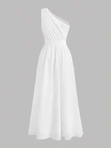 SHEIN Pitira Vestido largo elegante blanco para invitadas a bodas de adolescentes con cuello asimétrico, estilo vacacional
