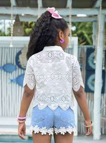 SHEIN LMoss Kids 少女度假休闲刺绣短袖衬衫 - 白色 - 查看 8