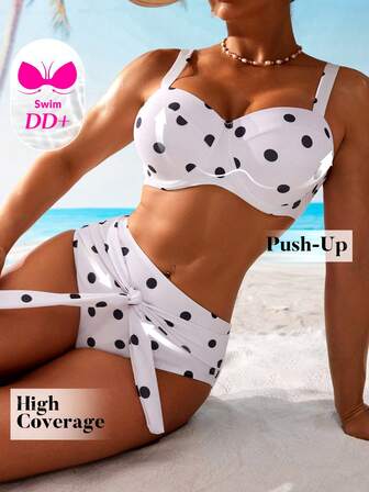 Swim DD+ 2 件套女士泳衣套装，露背系带，前腰抽绳，DD 罩杯钢圈聚拢，抽象印花，时尚度假装