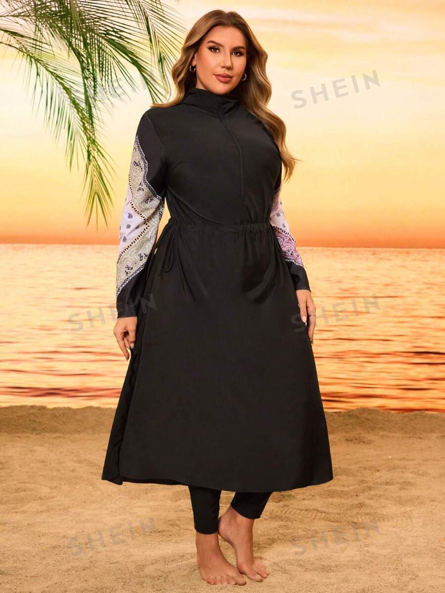 Swim Mulvari Traje de baño de una pieza con pantalón largo, estilo bohemio, de talla grande, con capucha, corte holgado y estilizador, con cremallera y estampado negro, un bañador modesto y de moda para la playa y resort