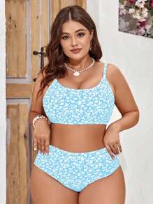 Swim Mod Ensemble de bikini à fines bretelles avec imprimé aléatoire mode décontracté pour vacances, tailles grandes