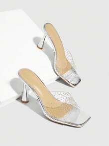 CUCCOO SZL Women's Silver Square Toe Rhinestone Strap Fashion Sexy High Heel Slides - Silver - View 2