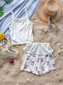 Set de 2 piezas de conjunto informal y elegante para adolescentes, adecuado para ocio interior y exterior en primavera y verano, incluye top de punto con estampado de oso y pantalones cortos