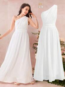 SHEIN Pitira Vestido largo elegante blanco para invitadas a bodas de adolescentes con cuello asimétrico, estilo vacacional
