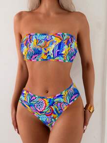 Swim Lushoire 2 件套女士夏季随机印花抹胸比基尼泳装套装，海滩度假 - 彩色 - 查看 4