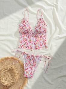 SHEIN Swim Conjunto de bikini de 2 piezas para niña con parte superior de tankini corta de estampado floral aleatorio casual para resort, emparejado con Bottom de bikini con nudo para la playa/natación