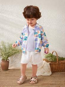 SHEIN Set de 3 piezas para bebé niño: chaleco de punto suave con cuello redondo sin mangas de unicolor, pantalones cortos de cintura elástica, y chaqueta - Multicolor - Ver 7