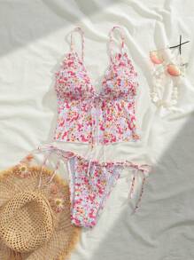 SHEIN Swim Conjunto de bikini de 2 piezas para niña con parte superior de tankini corta de estampado floral aleatorio casual para resort, emparejado con Bottom de bikini con nudo para la playa/natación