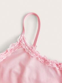 CovetEZ 2 件套女士夏季休闲纯色蕾丝花边吊带背心和短裤套装 - 粉色 - 查看 4