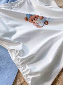 Set de 2 piezas de conjunto informal y elegante para adolescentes, adecuado para ocio interior y exterior en primavera y verano, incluye top de punto con estampado de oso y pantalones cortos
