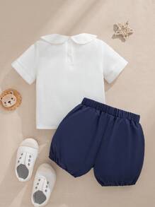 Souflis Baby Boy Infant Animal Embroidery Cute Collar Top And Contrast Shorts 2 Pieces Outfit Set, Suitable For Outdoor Wear In Summer
