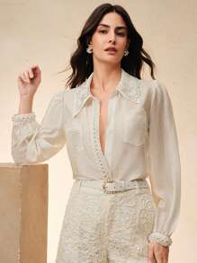 Anewsta Elegant Vacation Romantic Semi-Sheer Beaded Women Blouse, Spring/Summer - Beige - View 4