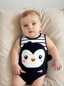 Penguin Pattern Knitted Soft Round Neck Sleeveless Bodysuit, Casual & Versatile For Baby Boys & Girls - Blue and White - View 7