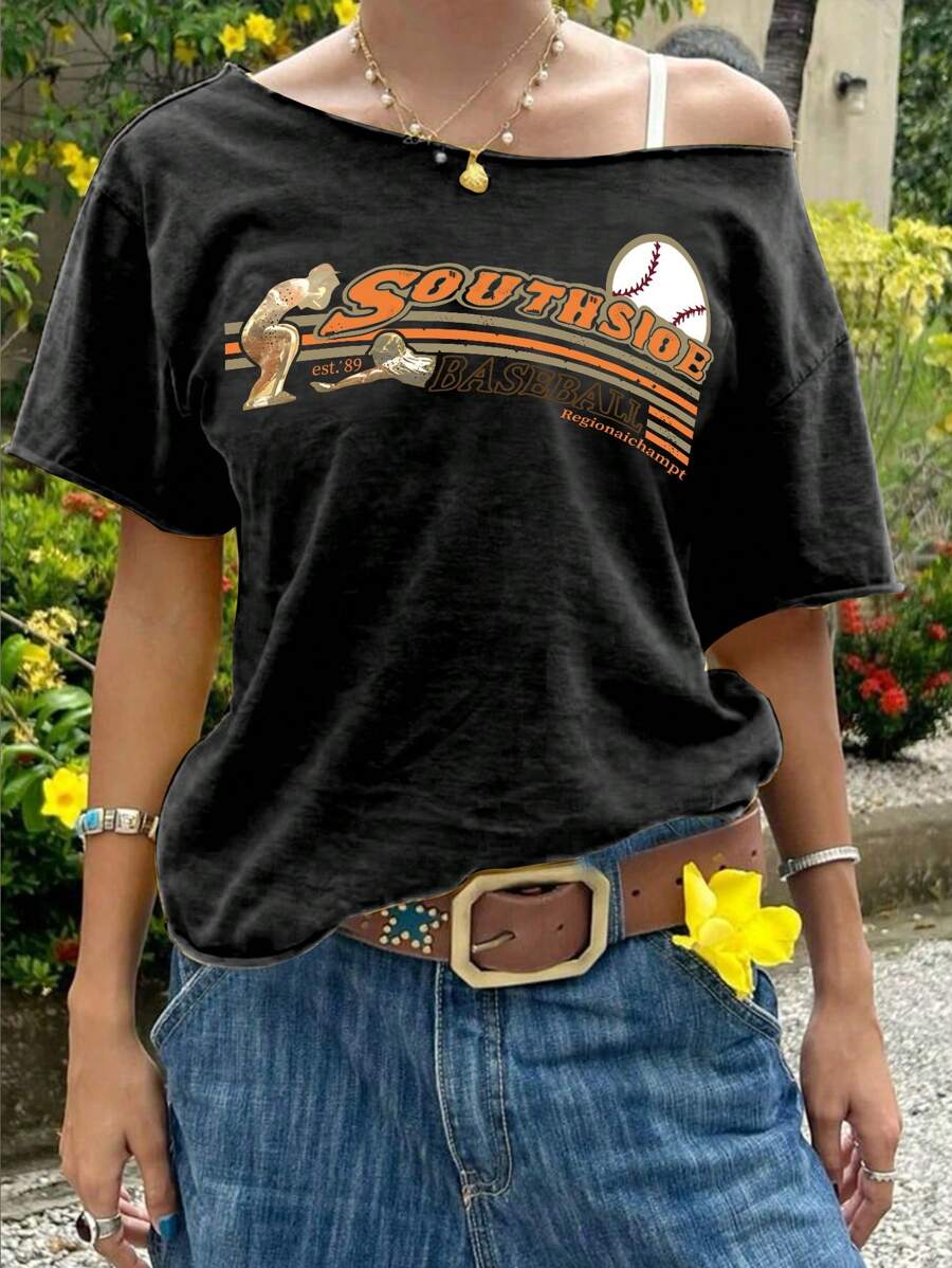 INAWLY 女式字母印花短袖休闲宽松百搭T恤 - 黑色 - 查看 1