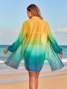 SHEIN Swim Kimono Cover Up With Random Printed Collar & Other Placement Floral Patterns - Dark Green - View 2