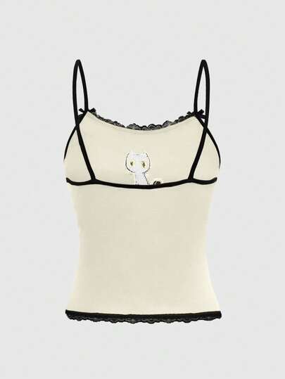 Hippie Top de tirantes a rayas con bordado de bruja y gato negro