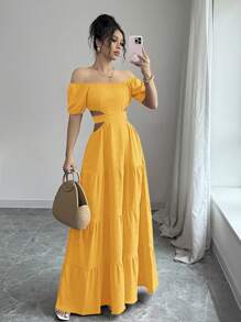 Rafferiza Casual - Vacation Casual Off The Shoulder Bow Back Dress - Yellow - View 3