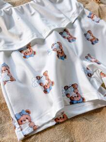 Set de 2 piezas de conjunto informal y elegante para adolescentes, adecuado para ocio interior y exterior en primavera y verano, incluye top de punto con estampado de oso y pantalones cortos