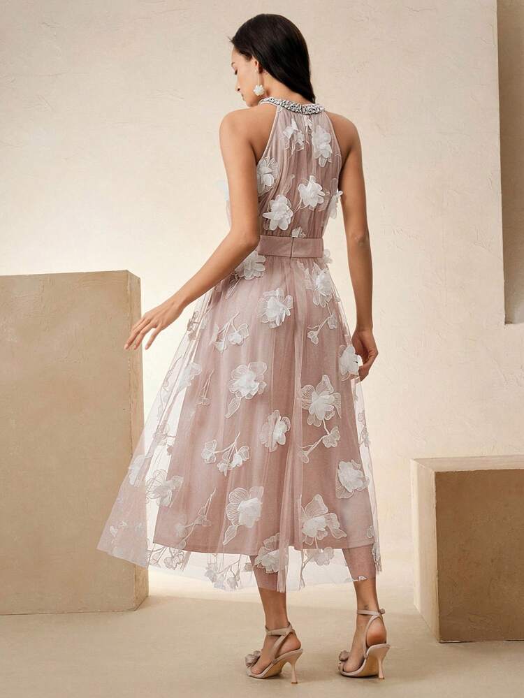 3D Floral Mesh Rhinestone Decorated Cinched Waist Sleeveless Floral Dress, Suitable For Attending Parties, Weddings, Festivals, Going Out, Vacation Outfits, Women's Summer