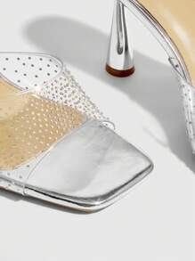 CUCCOO SZL Women's Silver Square Toe Rhinestone Strap Fashion Sexy High Heel Slides - Silver - View 8