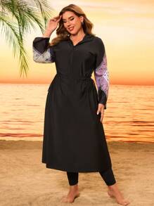 Swim Mulvari Traje de baño de una pieza con pantalón largo, estilo bohemio, de talla grande, con capucha, corte holgado y estilizador, con cremallera y estampado negro, un bañador modesto y de moda para la playa y resort
