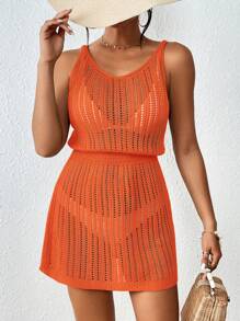 Swim Vcay Women's Solid Color Hollow-Out Sleeveless Casual Cover Up Dress For Vacation For Summer