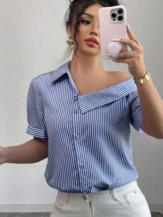 Rafferiza 1 件女士休闲百搭短袖蓝白条纹不对称肩衬衫