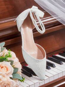 CUCCOO HITCHD Scarpe da donna piatte con fiocco in pizzo e perle bianche, scarpe da sposa piatte ed eleganti con tacco basso, comode, con dettagli traforati