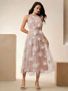 Anewsta 3D 花卉网眼水钻装饰束腰无袖花裙，适合参加派对、婚礼、节日、外出、度假装，女士夏季 - 粉色 - 查看 7