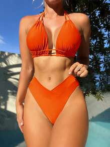 Swim Vcay 2pcs Solid Color Halter Swimsuit Bikini Set For Summer Beach Vacation - Orange - View 1