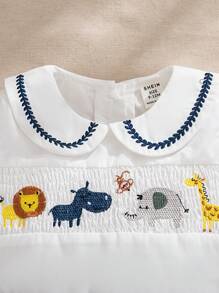 Souflis Baby Boy Infant Animal Embroidery Cute Collar Top And Contrast Shorts 2 Pieces Outfit Set, Suitable For Outdoor Wear In Summer