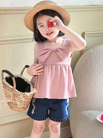 SHEIN Young Girls Casual Sleeveless Bowknot Tank Top + Butterfly Print Denim Shorts 2 Pieces Set, New Spring/Summer