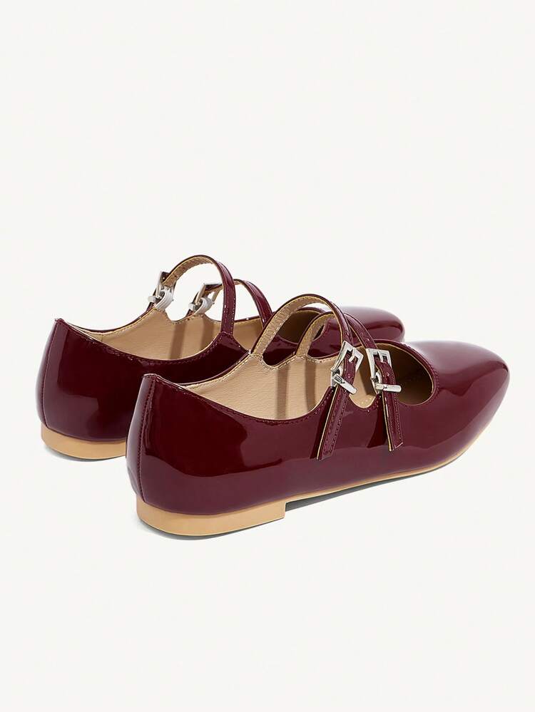 CUCCOO DOLLMOD Shiny Burgundy Patent Leather Mary Jane Flat Square Toe Shoes, For Women And Kids