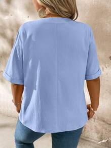 EMERY ROSE Casual Notched Neck Wood Button Decor Plus Size Short Sleeve Shirt Baby Blue - Blue - View 2