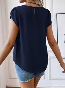 SHEIN Maternity Casual Solid Color Pleat Petal Sleeve Shirt, Summer - Blue - View 2