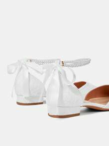 CUCCOO HITCHD Scarpe da donna piatte con fiocco in pizzo e perle bianche, scarpe da sposa piatte ed eleganti con tacco basso, comode, con dettagli traforati