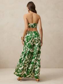 L'Amorae 女款绿色热带印花两件套，前系带抹胸，搭配长款阔腿裤