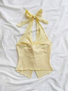 Soleia Áo yếm hở lưng gợi cảm thời trang cỡ lớn cho nữ, buộc vạt trước, viền xoắn, xẻ tà - Màu vàng - Xem 2