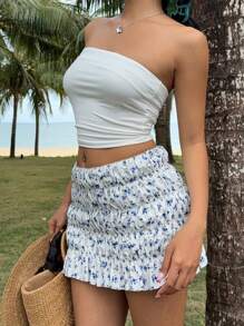 Comfortcana Women's Boho Shirred Ditsy Floral Mini Skirt: White Woven Fabric With Blue Flowers, Perfect For Summer