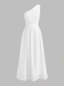 SHEIN Pitira Vestido largo elegante blanco para invitadas a bodas de adolescentes con cuello asimétrico, estilo vacacional