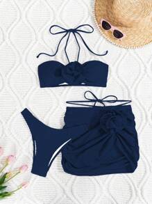 SHEIN Swim Women's Solid Color Halter Floral Decor Bikini Set With Matching Skirt - Navy Blue - View 3