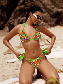 Swim Vcay Women's Halter Neck Bikini Set - Green - View 3