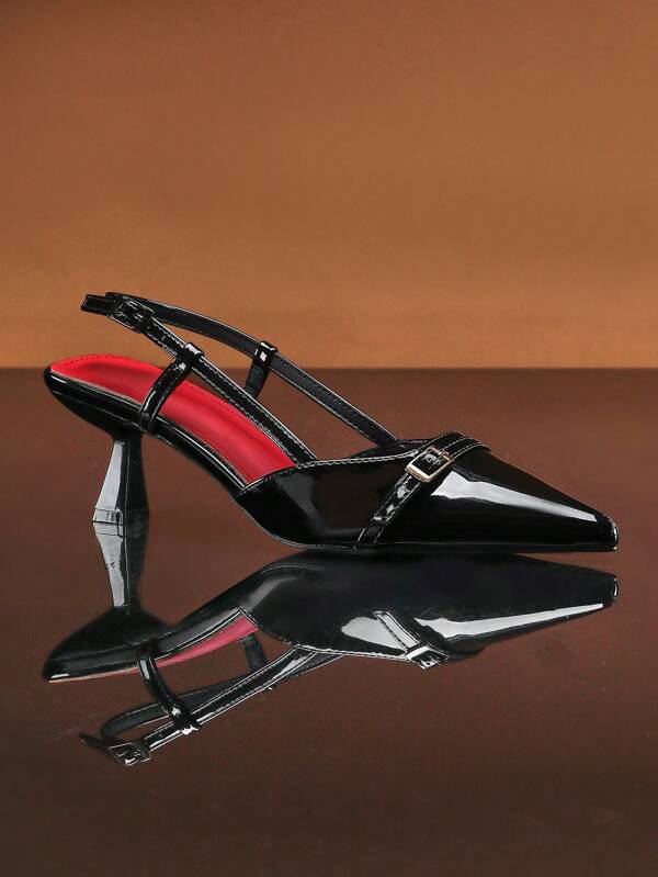 SHUZIA Women Onyx Noir Black Architectural Slingback Pumps | Wine-Toned Midsole & Art Deco Buckle | Sculpted Kitten Heels For Conference Rooms To Candlelit Dinners Mother's Day Present